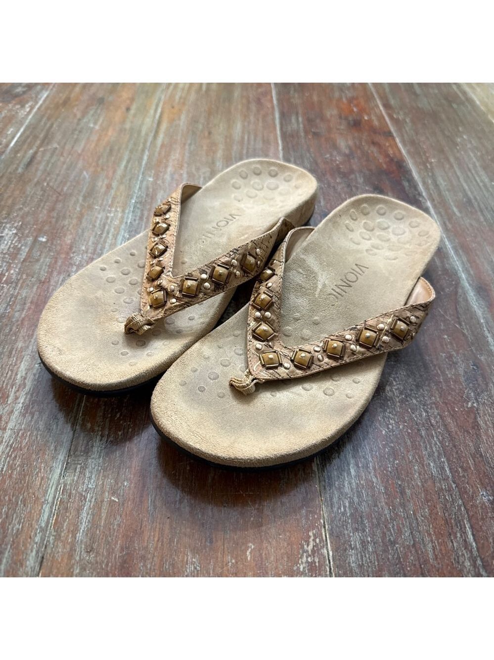 Vionic Beige Cork Embellished Flip Flop Sandals Size 8
